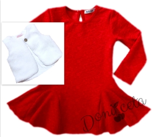 Комплект от детска рокля в червено с пухкав елек в бяло с копче
