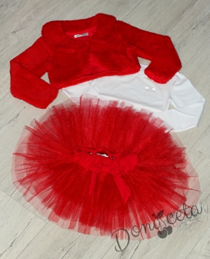 Комплект от 3 части-детска туту пола пачка в червено, блузка в бяло и пухкаво болеро в червено
