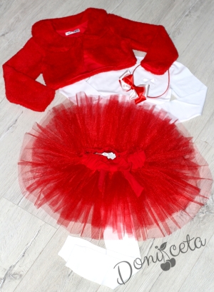 Комплект от 5 части-детска туту пола пачка в червено, блузка в бяло и пухкаво болеро в червено