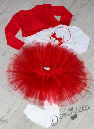 Комплект от 5 части-детска туту пола пачка в червено, блузка в бяло и памучно болеро в червено