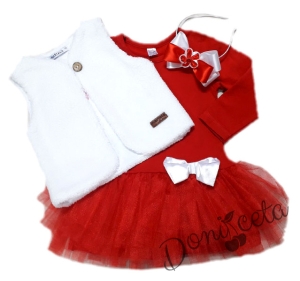 Комплект от детска рокля с дълъг ръкав  в червено с тюл, елек в бяло и диадема