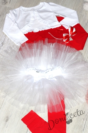Комплект от 5 части-детска туту пола пачка в бяло, блузка в червено и памучно болеро в бяло