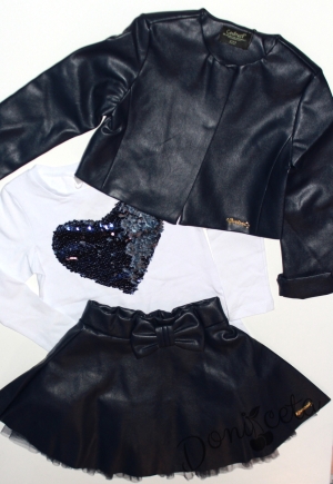 Комплект от 3 части-детска кожена пола  в тъмносиньо, блузка в бяло и кожено яке