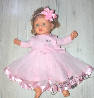 Празнична детска рокля в розово с дълъг ръкав