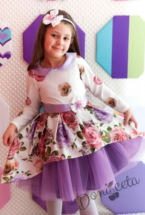 Официална детска рокля на цветя с дълъг ръкав с тюл в лилаво Лилина