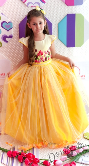 Официална дълга детска рокля в жълто с лалета