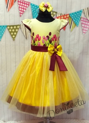 Празнична/официална детска рокля в жълто с лалета с тюл Лалета 290ЛТ