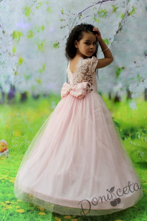Официална дълга детска рокля в прасковено с обръч с бутикова дантела