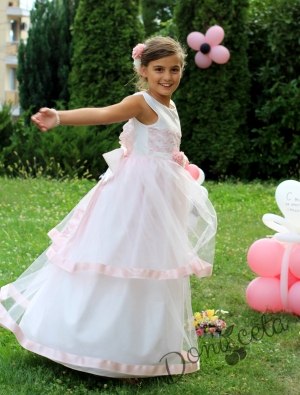 Официална детска дълга рокля в прасковено с гол гръб