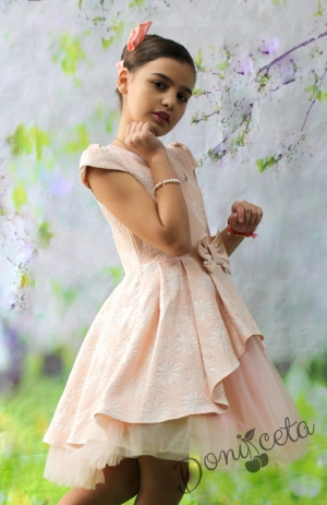 Официална детска рокля с тюл в прасковено на цветя Вики