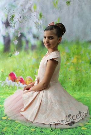 Официална детска рокля с тюл в прасковено на цветя Вики