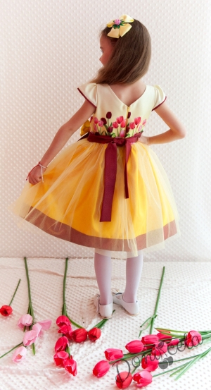 Празнична/официална детска рокля в жълто с лалета с тюл Лалета 290ЛТ