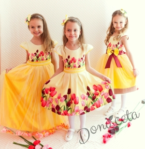 Официална дълга детска рокля в жълто с лалета