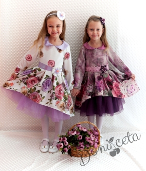 Официална детска рокля на цветя с дълъг ръкав с тюл в лилаво Лилина