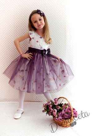 Официална детска рокля Любка  в лилаво на цветя 