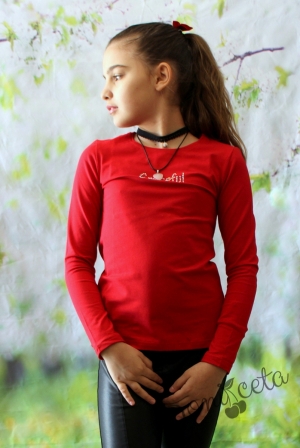 Детска блуза с дълъг ръкав в червено с надпис