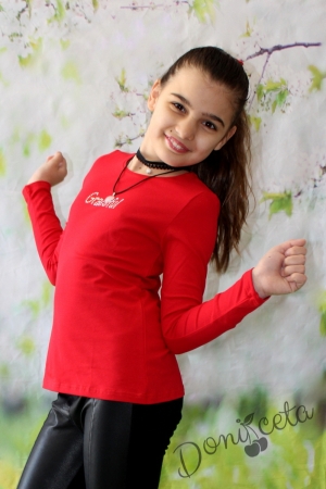 Детска блуза с дълъг ръкав в червено с надпис