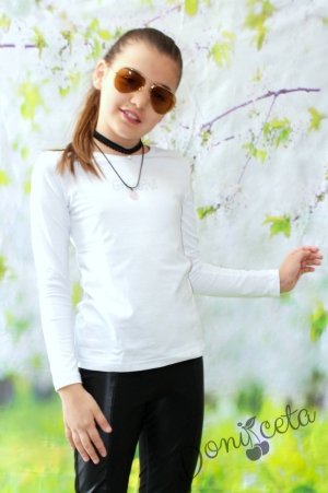 Детска блуза с дълъг ръкав за момиче в бяло с надпис