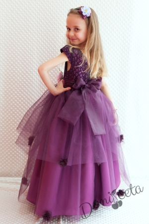 Официална детска дълга рокля  Лея в лилаво с дантела и 3D цветя