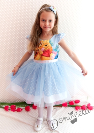 Детска  официална рокля с тюл в светлосиньо и картинка на Мечо Пух