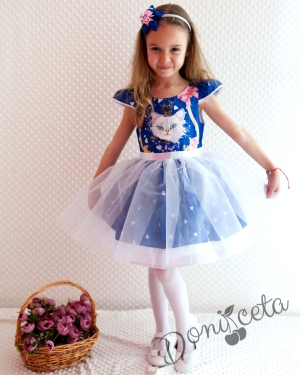 Официална детска рокля с тюл в синьо и коте