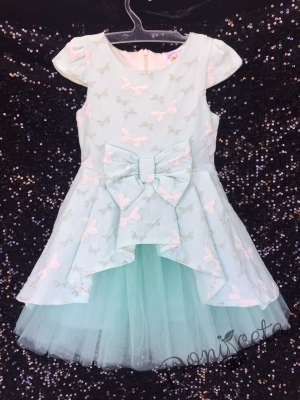 Официална детска рокля в прасковено на пеперуди с тюл