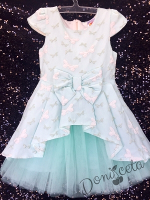 Официална детска рокля Темида в тюркоаз/мента на пеперуди с тюл