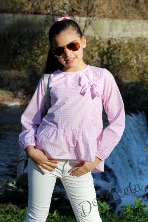 Детска риза за момиче с дълъг ръкав Контраст в розово и бяло