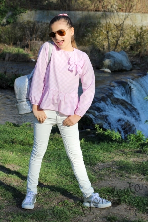 Детска риза за момиче с дълъг ръкав Контраст в розово и бяло