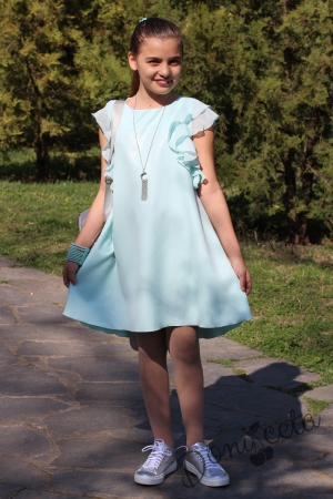 Лятна детска рокля в тюркоаз/мента с аксесоар Контраст