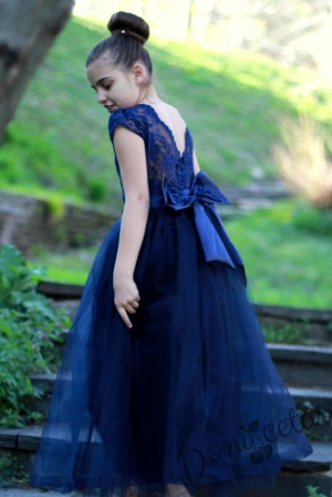 Официална дълга детска рокля в тъмносиньо с къс ръкав с тюл до долу Таня