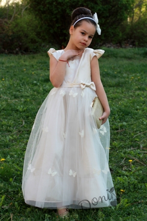 Официална детска дълга рокля  Дени в екрю и златисто