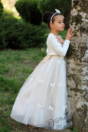 Официална детска дълга рокля Стефи в екрю и златисто с болеро