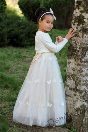 Официална детска дълга рокля Стефи в екрю и златисто с болеро
