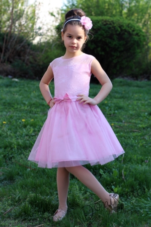 Официална детска рокля Мелиса от дантела в розово с тюл