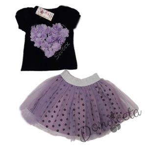 Комплект от блузка със сърце с пола в лилаво