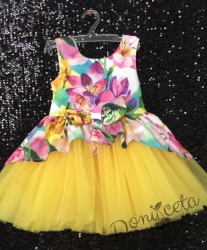 Официална детска рокля на цветя с тюл в жълто Желина