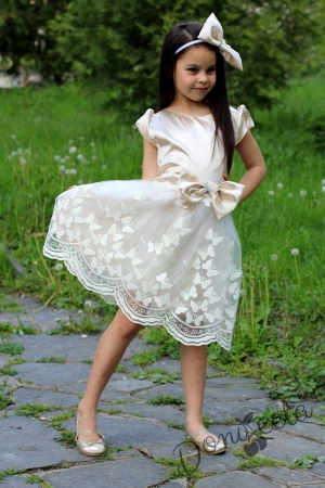 Официална детска рокля в екрю с пеперуди с болеро