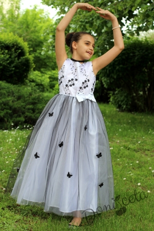 Официална детска дълга рокля с дантела и пеперуди без ръкав
