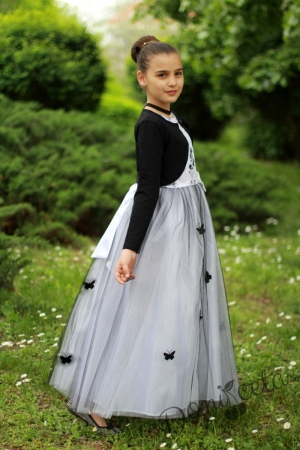 Официална детска дълга рокля с дантела и пеперуди с болеро в черно