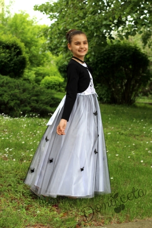 Официална детска дълга рокля с дантела и пеперуди с болеро в черно