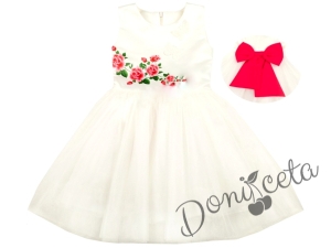 Официална детска рокля с рози в малина и с тюл  в екрю