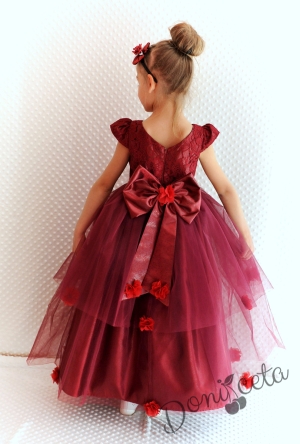 Официална детска дълга рокля в бордо с тюл до долу и 3D розички