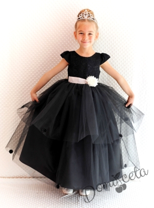 Официална детска дълга рокля в черно с голяма панделка отзад 278ЧТД