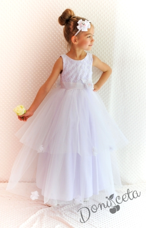 Официална детска дълга рокля в бяло с дантела и тюл и без ръкав Белла 278БТД