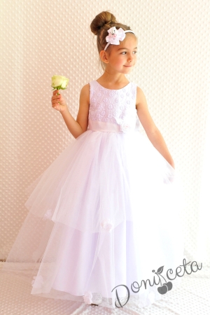 Официална детска дълга рокля в бяло с дантела и тюл и без ръкав Белла 278БТД