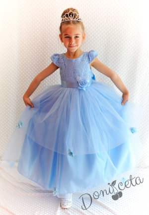 Официална детска дълга рокля в светлосиньо с къс ръкав и 3D цветя