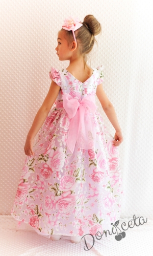 Официална детска дълга рокля на цветя в розово Стаси