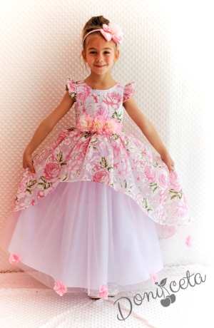 Официална детска дълга рокля на цветя в розово Стаси