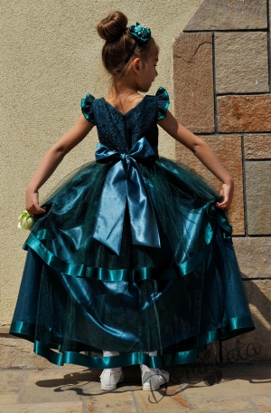 Официална детска дълга рокля в тъмнозелено с къс ръкав 212ЗД